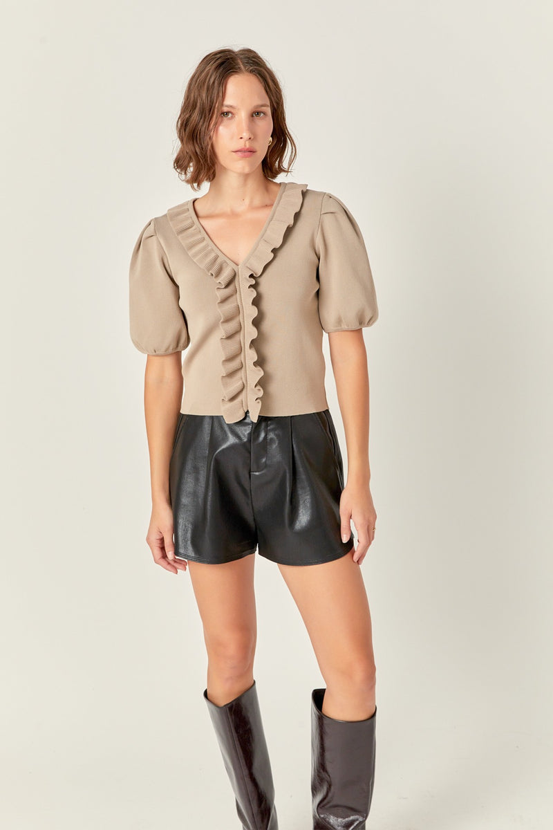 Ruffle puff Sleeve Taupe Top