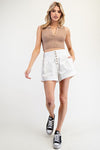 White pleated button down shorts