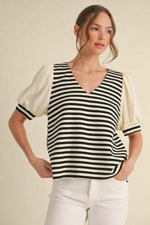 Vneck stripe with puff sleeve