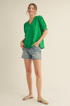 Green Vneck with Puff sleeve