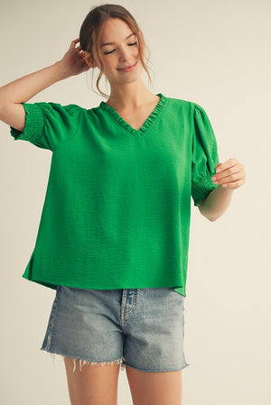 Green Vneck with Puff sleeve