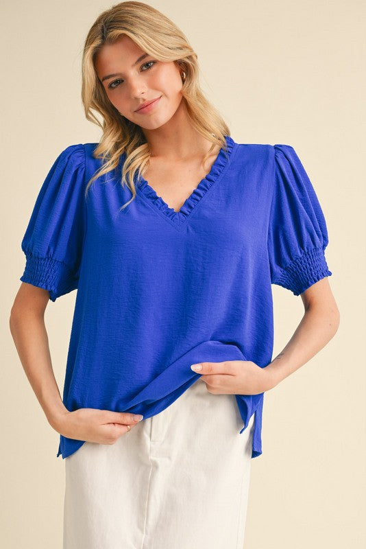 Royal Vneck w/ puff sleeve top