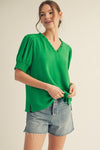 Green Vneck with Puff sleeve
