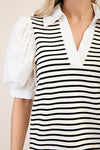 Stripe puff sleeve blouse w/ collar