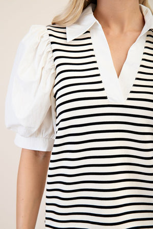 Stripe puff sleeve blouse w/ collar