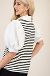 Stripe puff sleeve blouse w/ collar