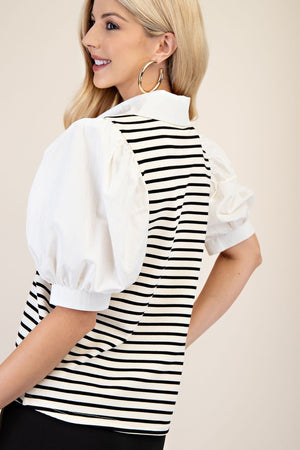 Stripe puff sleeve blouse w/ collar