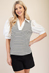 Stripe puff sleeve blouse w/ collar