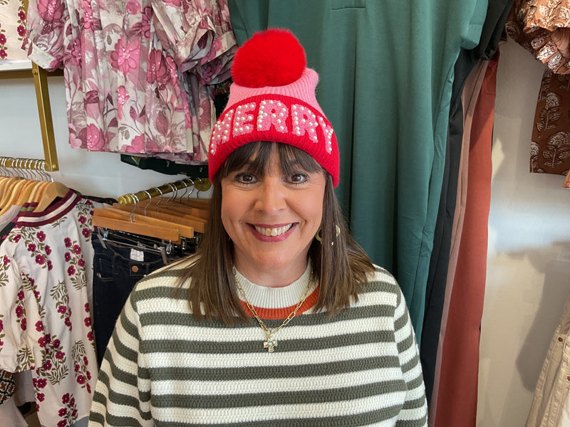 Shiraleah Pink Merry Beanie with Pearls