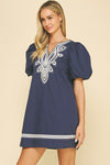 Embroidered vneck navy mini dress