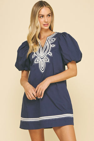 Embroidered vneck navy mini dress