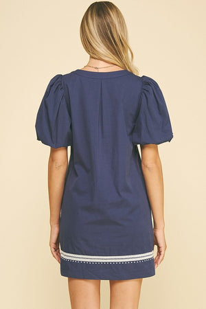 Embroidered vneck navy mini dress