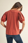 Cotton Vneck Pleated Puff Sleeve