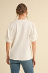 Cotton Vneck pleated puff sleeve