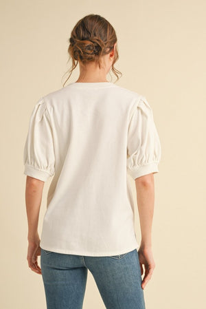 Cotton Vneck pleated puff sleeve