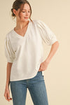 Cotton Vneck pleated puff sleeve