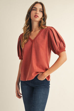 Cotton Vneck Pleated Puff Sleeve