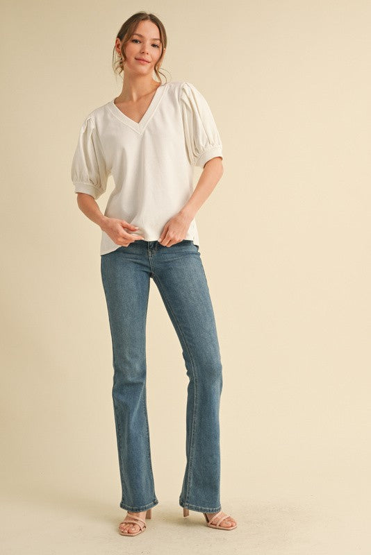 Cotton Vneck pleated puff sleeve