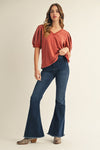 Cotton Vneck Pleated Puff Sleeve