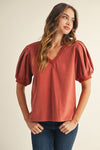 Cotton Vneck Pleated Puff Sleeve