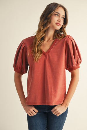 Cotton Vneck Pleated Puff Sleeve