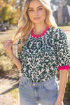 Green abstract blouse w/ pink accents