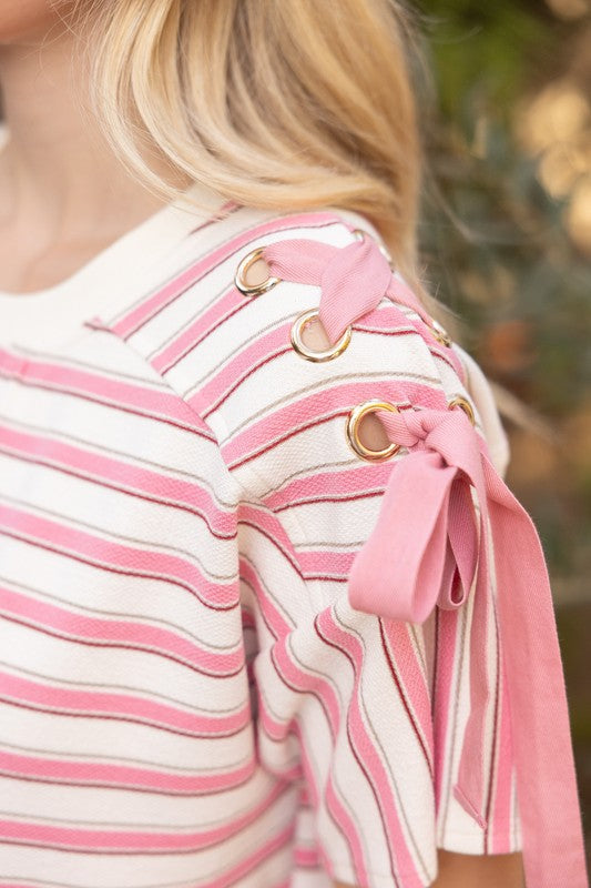 Pink Stripe Shoulder tie top