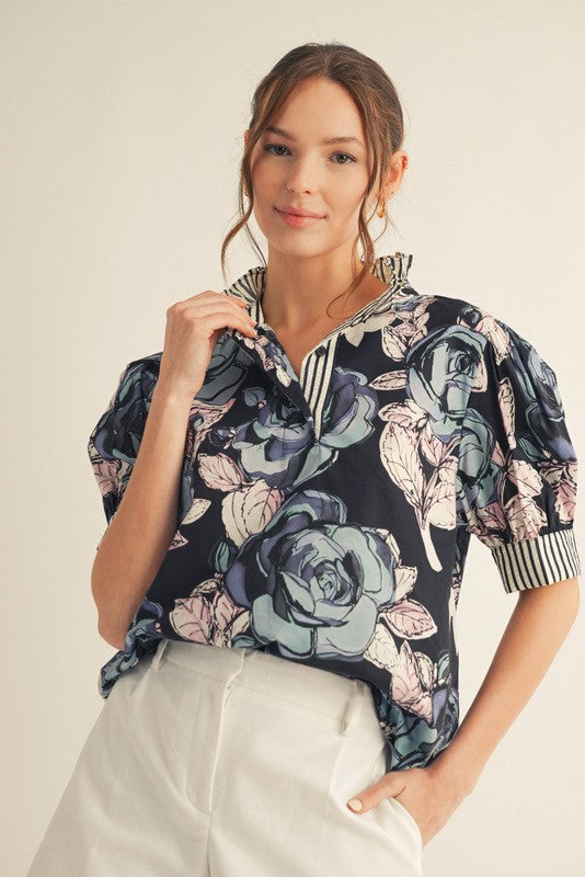 Navy Floral Mock Neck Blouse