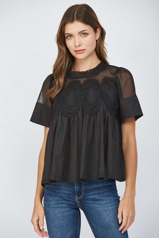 Black Mesh Applique Blouse