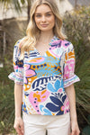 Floral Mixed Stripe Ruffle Sleeve Blouse