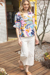 Floral Mixed Stripe Ruffle Sleeve Blouse