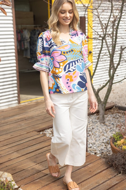 Floral Mixed Stripe Ruffle Sleeve Blouse