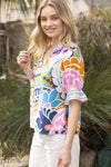 Floral Mixed Stripe Ruffle Sleeve Blouse