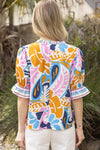 Floral Mixed Stripe Ruffle Sleeve Blouse