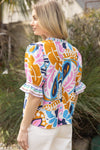 Floral Mixed Stripe Ruffle Sleeve Blouse
