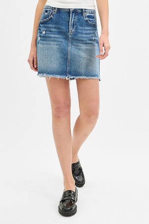 Risen Medium Wash Mid Rise  Denim Skirt