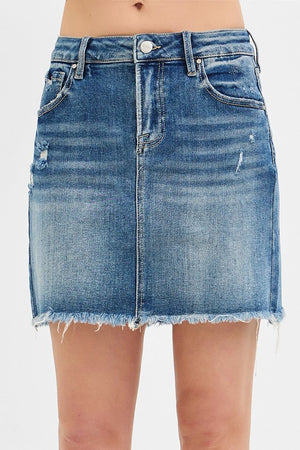 Risen Medium Wash Mid Rise  Denim Skirt