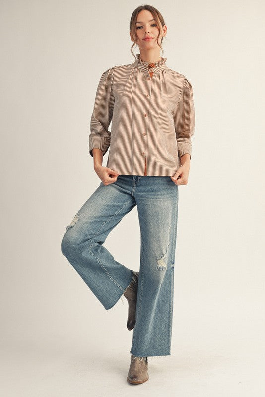Mocha Stripe Button Up Blouse