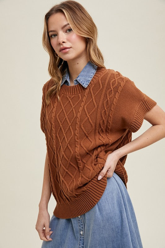 Cable Knit Short Sleeve Sweater Top