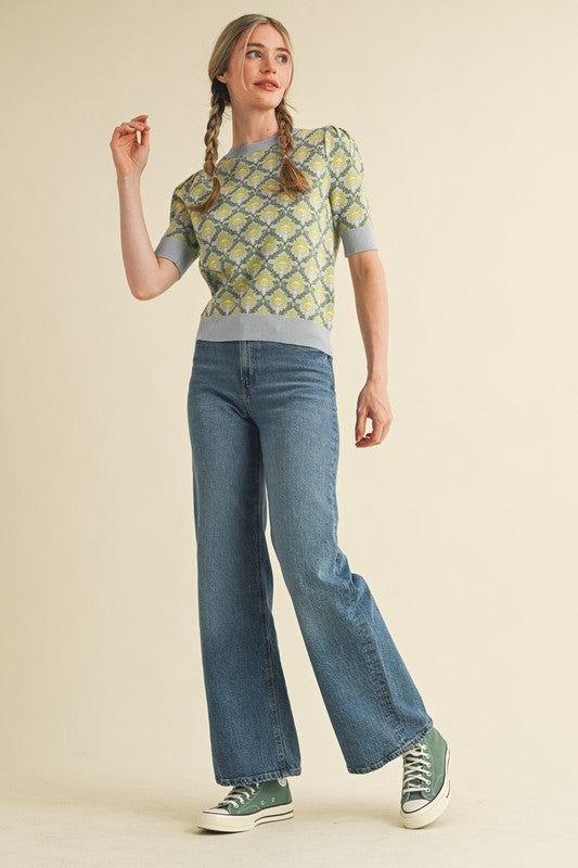 Blue and Sage Floral Short Sleeve Sweater