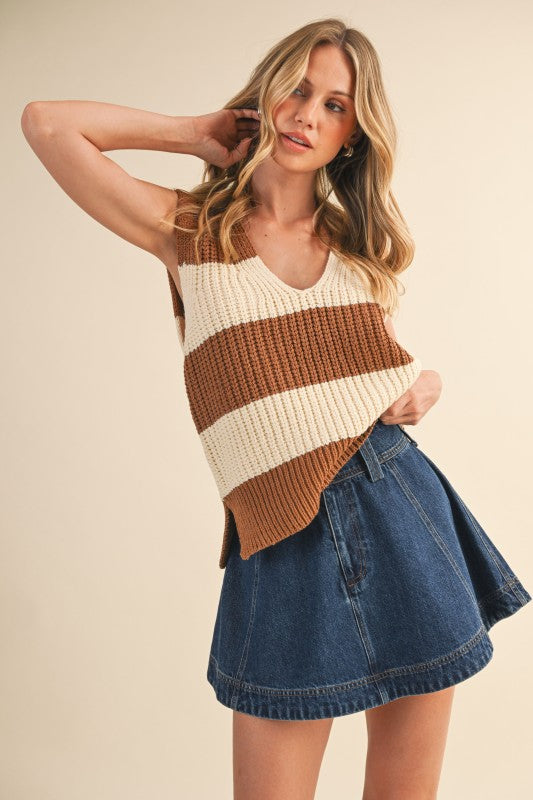 Striped Side Slit Sweater Vest Top