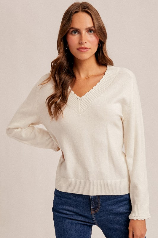 Scallop Edge Vneck Lightweight Sweater
