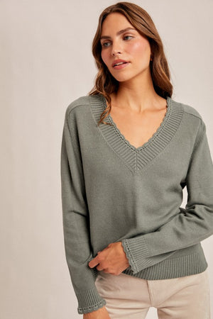 Scallop Edge Vneck Lightweight Sweater