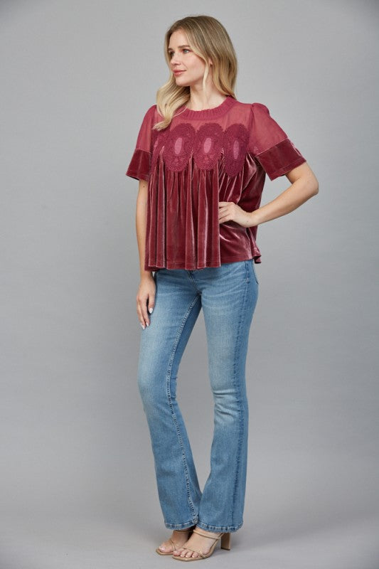 Rose Velvet w/ Lace Detail Babydoll Blouse