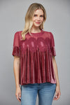 Rose Velvet w/ Lace Detail Babydoll Blouse
