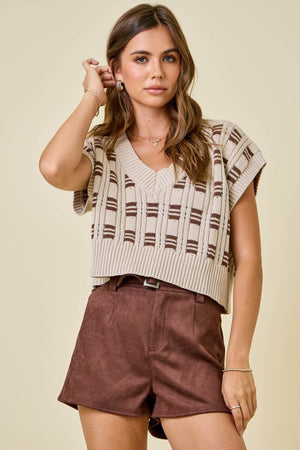 Patterned Motif V Neck Cropped Knit Vest