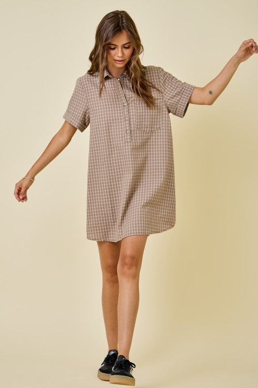 Checkered Seersucker Shirt Dress MOCHA