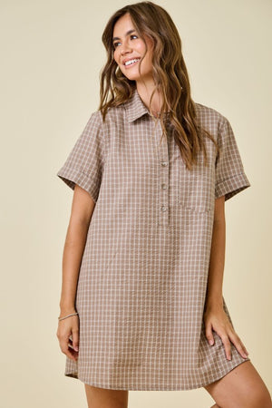 Checkered Seersucker Shirt Dress MOCHA