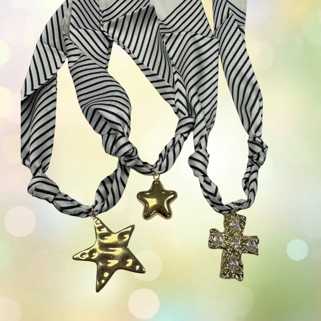 Taylor Shaye White Stripe Scarf Necklace Hammered Star