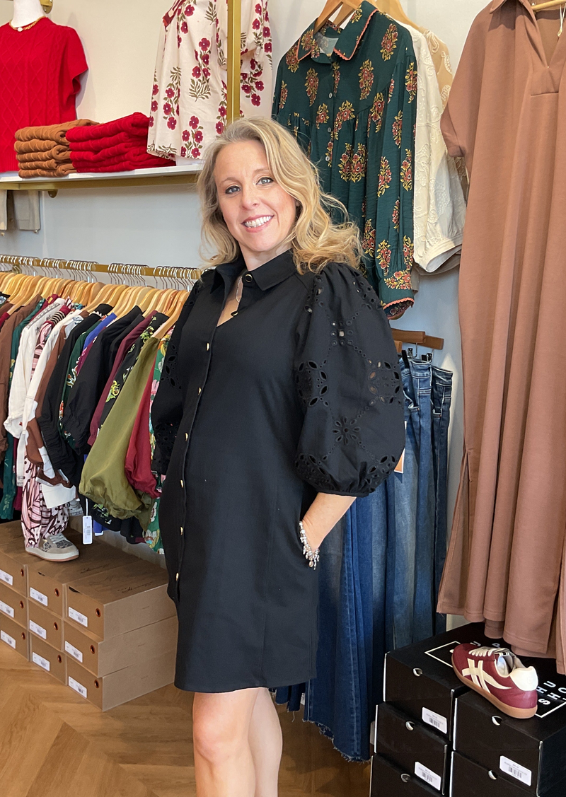 Eyelet 3/4 Sleeve Mini Dress BLACK